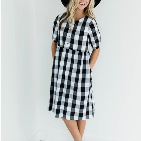 NO OFFERS ROOLEE black / white Buffalo check plaid short sleeve babydoll dress S - Picture 1 of 11